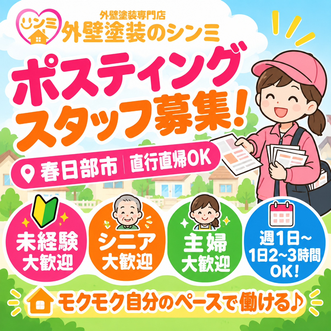 【春日部市/直行直帰OK】チラシのポスティングスタッフ募集！投函のみ・モクモク作業♪未経験・シニア・主婦大歓迎！週1日〜・1日2〜3時間OK！自分のペースで働けるお仕事✨
